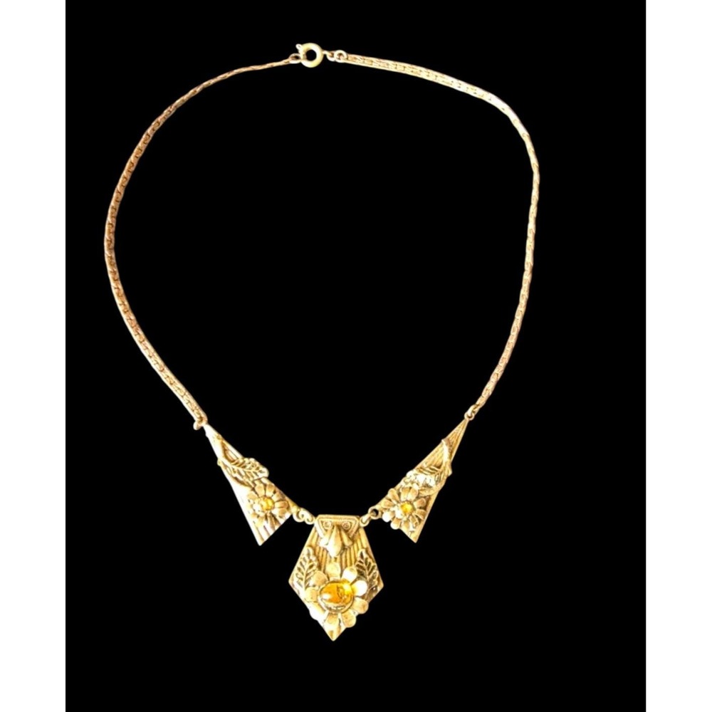 Czech Brass Panel Flower Pendant Choker Deco Antique Necklace